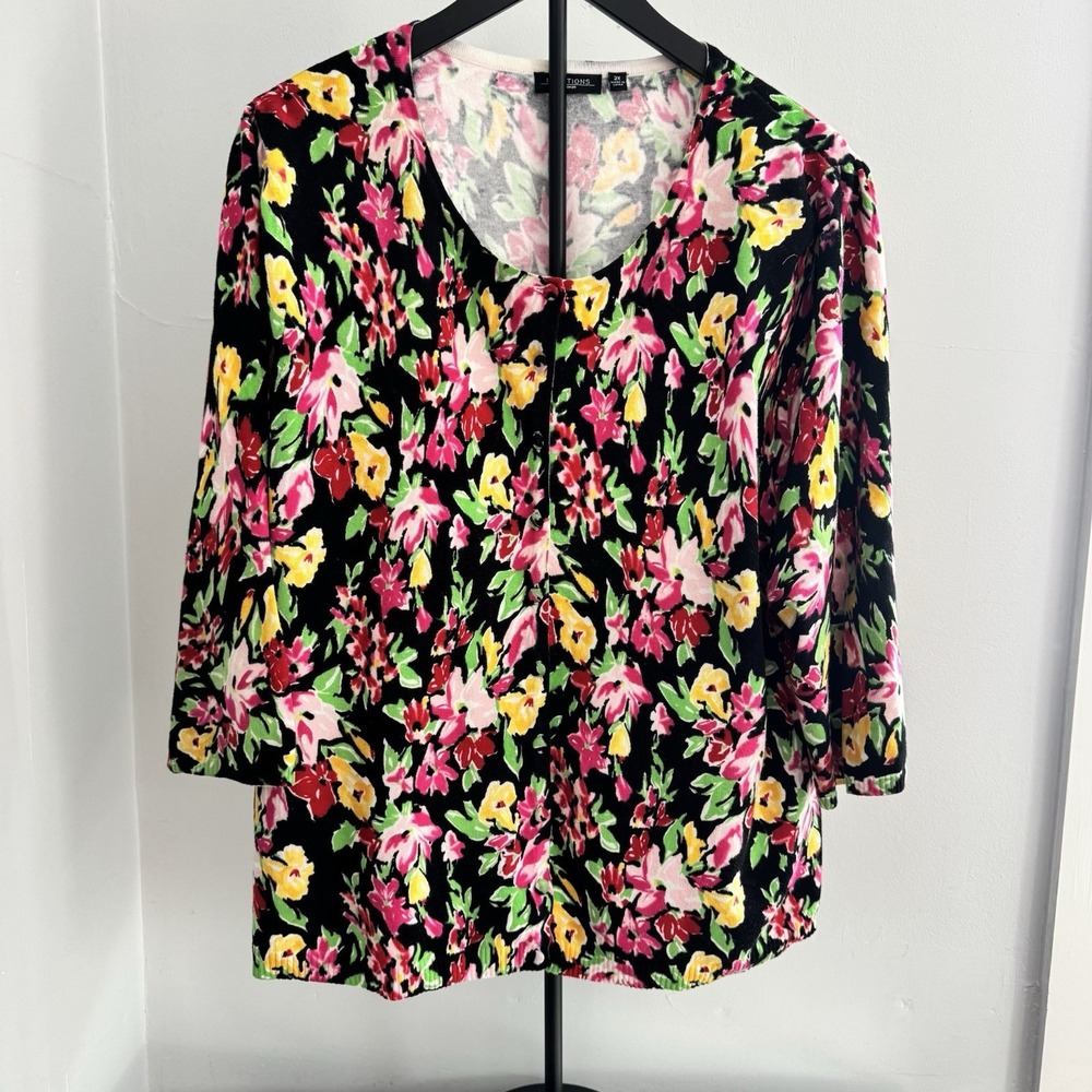 Notations Woman 2X Plus Floral Blouse Black 3/4 Sleeve Cotton‎ Knit Top Women